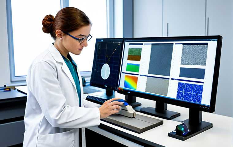 A professional construction materials testing engineer in a modern, high-tech research laboratory. The engineer, a woman in a modest lab coat over professional attire, is focused on analyzing data from smart concrete samples displayed on a holographic interface, with advanced analytical equipment in the background. The atmosphere is innovative and futuristic, emphasizing cutting-edge research. Fully clothed, appropriate attire, safe for work, professional, perfect anatomy, correct proportions, natural pose, well-formed hands, proper finger count, natural body proportions, high quality professional photography, appropriate content.