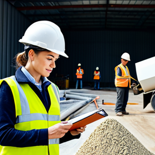 Home 22 A professional construction material testing engineer, male or female, wearing a reflective safety vest, hard hat, and appropriate work pants, standing confidently on an active construction site. They are holding a notepad and looking intently at a concrete sample being poured from a mixer truck, checking its slump. The background shows a busy construction environment with rebar structures and other workers, conveying a sense of essential quality control. The atmosphere is professional and dedicated. fully clothed, modest clothing, appropriate attire, professional dress, safe for work, appropriate content, professional, perfect anatomy, correct proportions, natural pose, well-formed hands, proper finger count, natural body proportions, high quality, detailed, realistic.