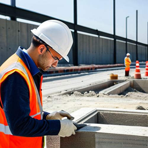 Home 20 **
"A professional civil engineer in appropriate attire inspecting a concrete sample at a construction site. The engineer is using testing equipment, with other building materials visible in the background. Focus on quality control and safety measures. Fully clothed, modest attire, safe for work, appropriate content, perfect anatomy, correct proportions, professional."
**