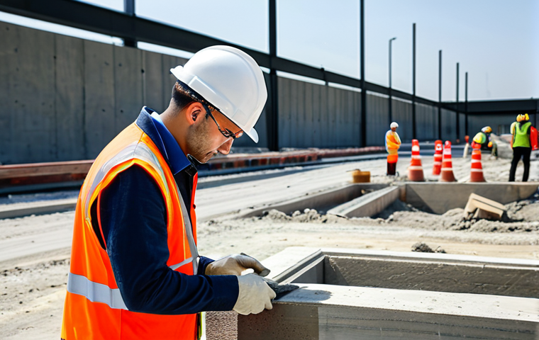 **
"A professional civil engineer in appropriate attire inspecting a concrete sample at a construction site. The engineer is using testing equipment, with other building materials visible in the background. Focus on quality control and safety measures. Fully clothed, modest attire, safe for work, appropriate content, perfect anatomy, correct proportions, professional."
**